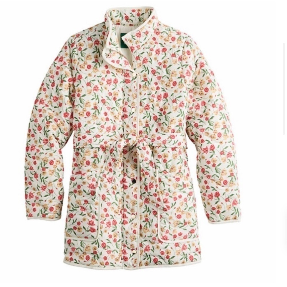 Draper James Cream Quilted Floral Puffer with Tie waist flowers and Green Leaves